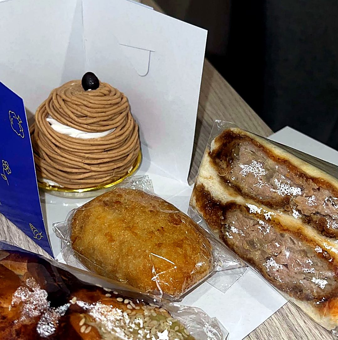 A takeaway box: Mont Blanc, curry bread and menchi katsu — Custard Nakamura, Japanese bakery Bangkok