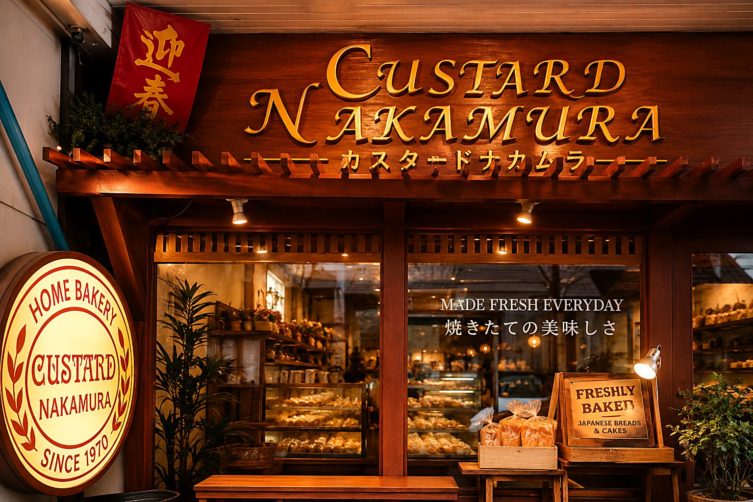 The bakery by night, window glowing (illustrative render) — Custard Nakamura, Japanese bakery Bangkok